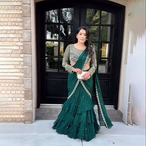 Nuevo Sari de Diseño en Color Rosa y Verde con Estilo de Volantes, Bordado de Georgette con Lentejuelas, Saris Indios para Bodas y Uso Diario - Product Image 1