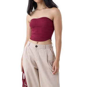 Top Corto sin Tirantes para Mujer, Tejido de Canalé, Ajustado, Elástico, Estilo Bandeau, Casual, Primavera, Antiarrugas, Corto, Delgado - Product Image 1