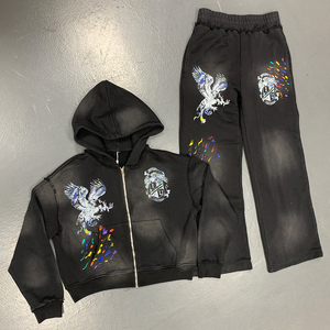 Sudaderas con capucha con cremallera lavadas con ácido Vintage personalizadas para hombre, impresión gráfica DTG, decoración de gemas, Sudadera con capucha de algodón 100% de peso pesado - Product Image 1