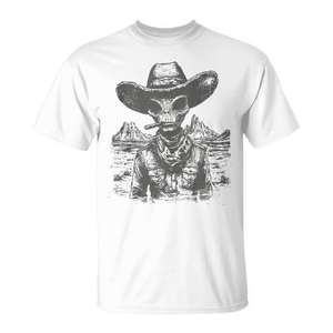 T-Shirt Vintage Stile Western Cowboy e Alieno, Abbigliamento Promozionale Retrò - Product Image 1