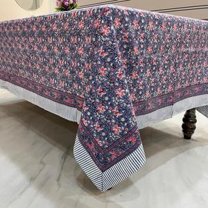 Grey Blue, Cornus florida Pink Floral Indian Hand Block Printed cloth Tablecloth, Handcrafted Cloth <b>Table</b> <b>Cover</b>, Christmas - Product Image 2