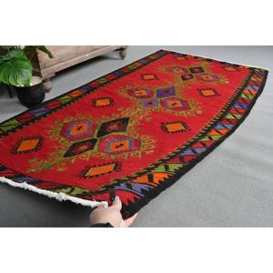 Vintage Turkish Large Area Rug 3.8 X 7.2 ft <b>Red</b> Boho Style Patchwork Design <b>Wool</b> Material 10mm Latex for Hallway Room Decor - Product Image 5
