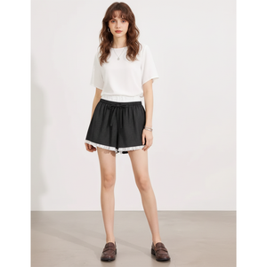 กางเกงขาสั้นลำลองสำหรับผู้หญิง เอวสูง ระบายอากาศ แห้งเร็ว ผ้าถักลายริบ แต่งขอบลูกไม้ เอวยางยืด - Product Image 1