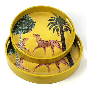 Plateau de service rectangulaire moderne en MDF laqué fait à la main avec motif guépard et palmier, finition brillante décorative jaune - Product Image 2