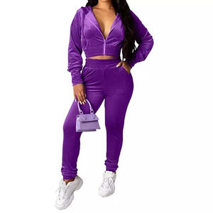 Custom Velour <b>Zip</b> <b>up</b> <b>Crop</b> Women <b>Hoodie</b> Flared Pant Printed Embroidery Logo Velvet <b>Hoodie</b> and Sweatpants Tracksuit Two Piece Set - Product Image 1