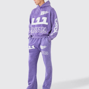 Chándal de lana de Algodón 100% con logotipo personalizado y diseño de cuello con capucha de gran tamaño para hombre, conjunto de invierno sólido transpirable de peso pesado - Product Image 1