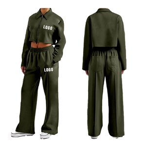 Trendy <b>Cropped</b> Tracksuit Set for Women Custom Logo <b>Zip</b> <b>Up</b> Hoodie and Jogger Pants Sweat Suit for Winter Running Training - Product Image 6