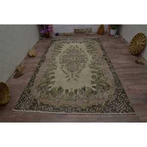 พรมขนาด 5.6x9.2 ฟุต, พรมวินเทจตุรกี, พรมขนสัตว์ลายดอกไม้สีเบจ - Product Image 1