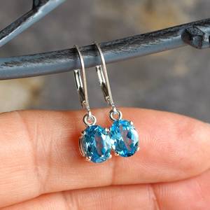 Pendientes de Topacio Azul Suizo Natural Ovalados de 8x6 mm, Plata de Ley 925, Joyería con Piedras Preciosas, en Caja de Regalo, Elegante Accesorio para Mujer - Product Image 4