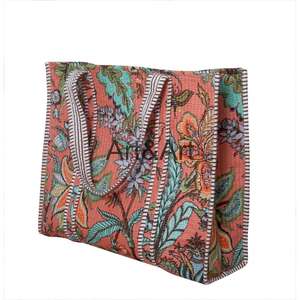 Sac fourre-tout pour femme en coton indien fait à la main, grand imprimé floral, écologique, de haute qualité, élégant, pour les voyages, le shopping quotidien - Product Image 5