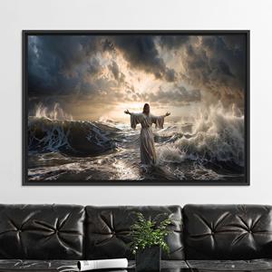 Toile imprimée : Jésus marchant sur l'eau, Art spirituel de l'océan, TOILE ENCARTÉCHÉE NOIRE - Product Image 1
