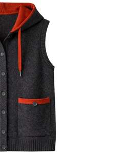 Gilet en tricot à capuche gris anthracite avec manches contrastées rouges, sans manches, boutonné devant, en laine acrylique, cardigan d'hiver OEM - Product Image 4