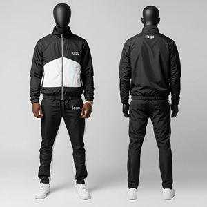 Ensemble de survêtement en nylon bicolore noir et blanc pour homme avec veste zippée à col montant et pantalon assorti à logo – Style décontracté streetwear - Product Image 5