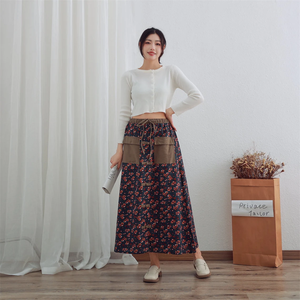 กระโปรงผ้าคอตตอนทรงเอไลน์เอวยางยืดทรงหลวมกระโปรงแมกซี่พิมพ์ลายดอกไม้สำหรับฤดูร้อน - Product Image 1