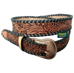 Cinturón Unisex de Cuero de Vaca Indio de Alta Calidad, Grabado a Mano, Diseño Pintado, Trenzado, Estilo Vaquero, 2 Pulgadas de Ancho - Product Image 6