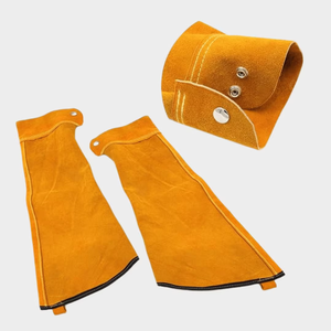 Manga de brazos de seguridad para ropa de trabajo personalizada para soldador mangas de soldadura de cuero de vaca divididas resistentes al fuego con tachuelas delanteras alrededor del cuello - Product Image 1