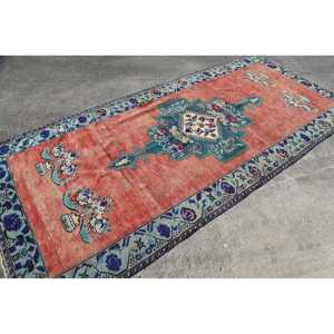 Vintage Turkish Rug, 4.8x10.3 ft Rug, <b>Red</b> Blue Ikat <b>Wool</b> Rug - Product Image 4