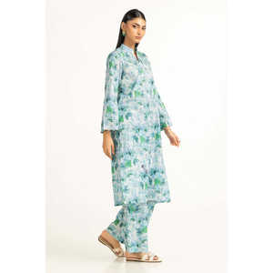 Ensemble coordonné décontracté pour femmes, bleu ciel, imprimé en tissu cambric, crêpe 100% coton respirant, haut à manches trois-quarts, deux pièces - Product Image 4