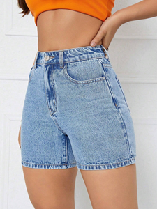 Shorts de Mezclilla Rectos de Cintura Media para Mujer, Casuales de Verano, Cierre con Botones, Lavado Claro, 100% Algodón, 400g, Bordado con Estampado Puff - Product Image 3