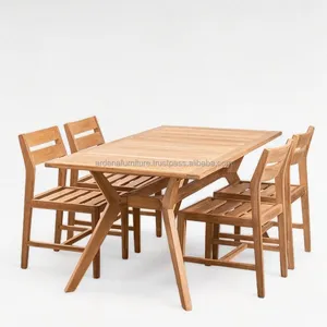 Современный прочный Прямоугольный Обеденный стол из тикового дерева с четырьмя удобными стульями для домашней мебели для ресторана на открытом воздухе