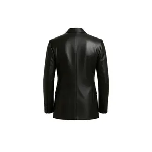 Men's Black <b>Leather</b> <b>Blazer</b> Long Fashion Style Double and Single Breasted Closure Printed Pattern Plus Size Knitted Fabric - Product Image 2