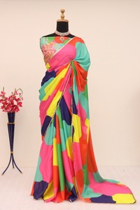 High on Demand Apparel & Accessories Fancy Thread Work Chinon Silk & Digital Print Sarees for Worldwide Supply From India - Product Image 3