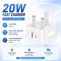 Chargeur mural USB Type-C 20W PD QC3.0 double port, prise UK, adaptateur d'alimentation à charge rapide pour iPhone Samsung Android