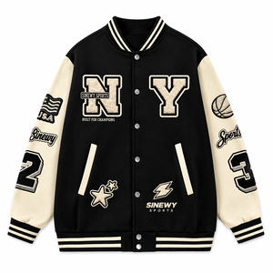 SINEWY SPORTS <b>Men's</b> Varsity <b>Jacket</b> Black Cream Embroidered <b>Letter</b> Patch Design Preppy Style Turn-down Collar Regular Fit - Product Image 2