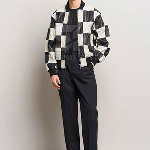 Veste en cuir véritable pour homme avec design patchwork et style street moderne Veste en cuir patchwork pour homme - Product Image 2