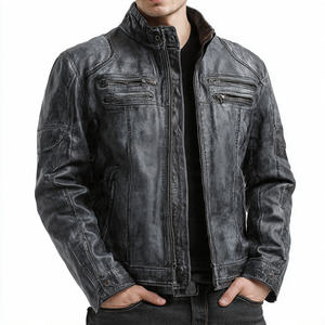 Veste en cuir de moto pour homme en peau de mouton véritable avec fermeture éclair, col montant, logo frontal, coupe-vent - Product Image 3