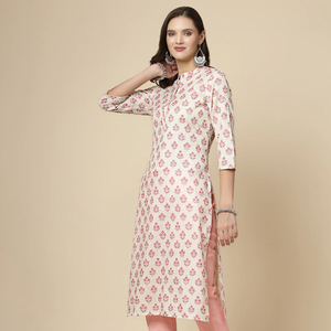 Kurti élégant et tendance pour femme, en coton rose, style indien, coupe droite, col mandarin, manches trois quarts - Product Image 1