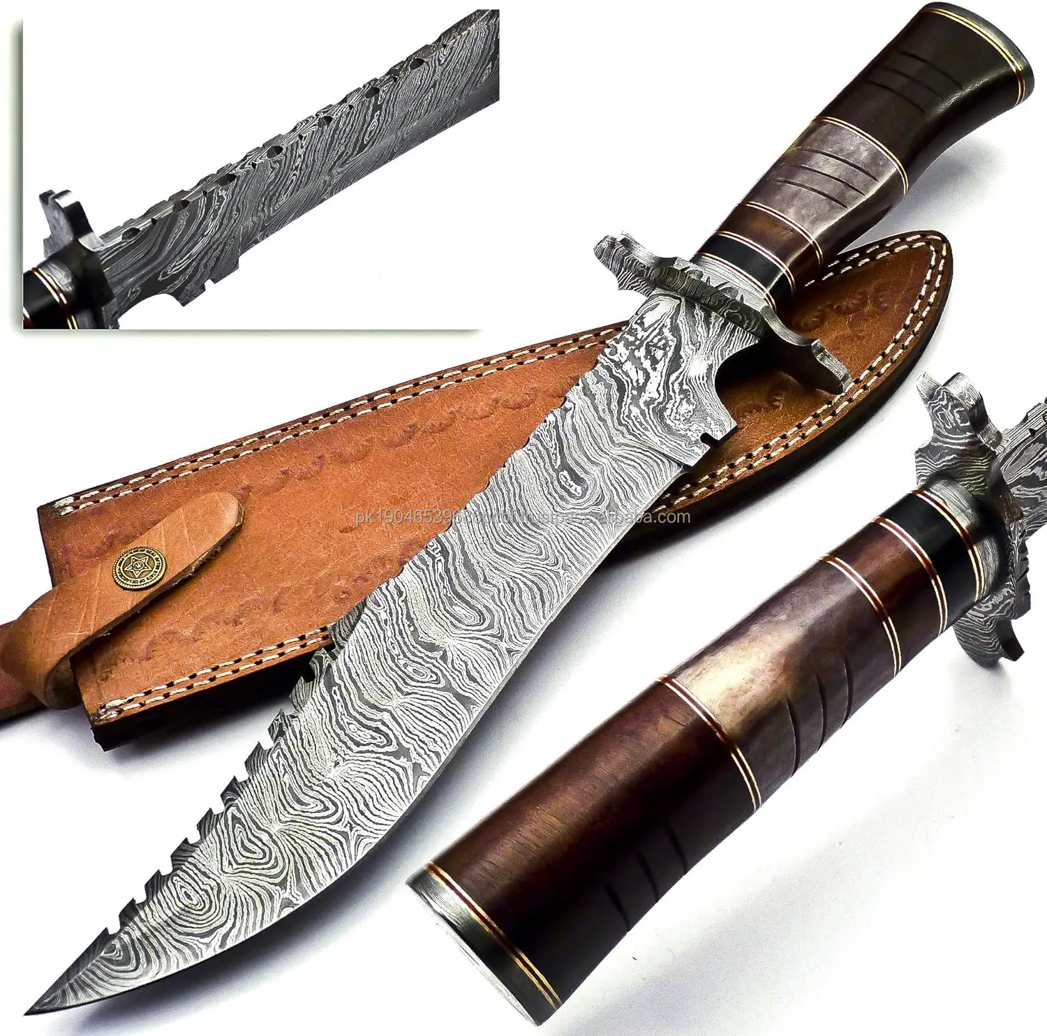 Premium-Qualität Damaszener Stahl starke Klinge Outdoor Camping-Messer für Jäger schönes Holz Knochengriff Bowie-Messer mit Sattel