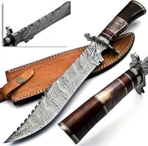 Premium Quality Damascus Steel Strong Blade Outdoor Camping Knife for Hunters Beautiful Wood Bone Handle Bowie Knife With Sheath