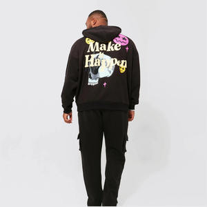 <b>Men's</b> Oversized Hooded Sweatshirt Cartoon Print Streetwear <b>Black</b> Cotton French Terry Regular Fit Front Logo Autumn Style - Product Image 4