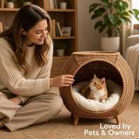 Lit pour animaux de compagnie en rotin tissé à la main, niche ronde tissée avec coussin en peluche pour chats et petits chiens