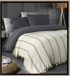 Blanc Noir Rayé 100 Couvre-lit en coton naturel Couvre-lit Tissé léger 160x220 cm 63x87 pouces - Product Image 3