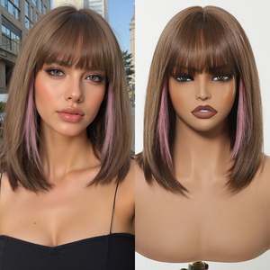 Perruque synthétique sans colle Bethany-DWY de 12 pouces pour femmes, fabriquée à la machine, coupe courte bob droite, brun châtain avec reflets roses - Product Image 4