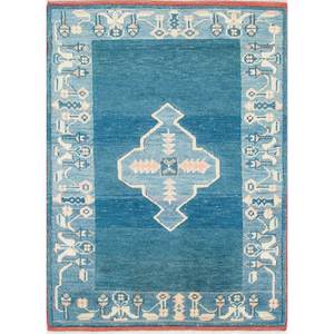 Alfombra de Lana Anudada a Mano Nuray Azul Pae-1156 9x12 Rectangular con Patrón de Medallón para Decoración de Sala de Estar o Uso en Pasillos - Product Image 1