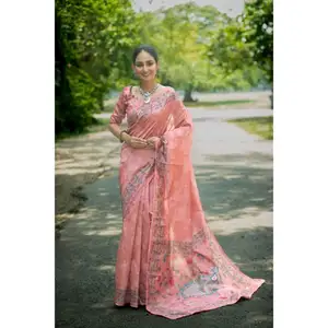 热卖时尚流行印度传统最新设计师丝绸纱丽衬衫，带数字印花作品，价格便宜