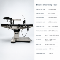 Table d'opération électrique avec double commande, six fonctions, surface radiolucente, capacité 180 kg