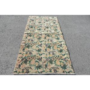 Alfombra de lana turca Vintage, diseño de retales beige y verde, tejido plano de 36x73 pies, respaldo de látex, respetuoso con el medio ambiente, comedor de pila media - Product Image 1