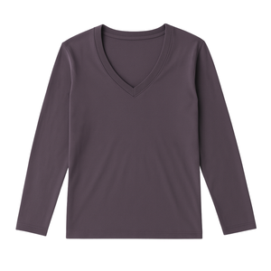 T-shirt à manches longues pour femme, col en V, violet délavé, 100% coton biologique, respirant, logo personnalisé, certifié GOTS, qualité supérieure, coupe classique - Product Image 1