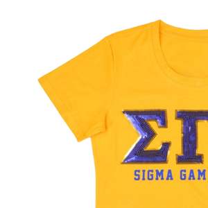 Sigma Gamma Rho SGRho Sequin Patch Tee <b>Gold</b> Greek Letters Embroidered Sorority Apparel Royal Blue Trim Greek Life T <b>Shirt</b> - Product Image 2