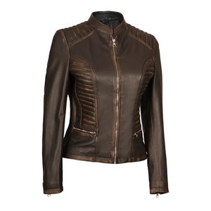 Women's <b>Genuine</b> Sheepskin Leather Winter Jacket Washed Technique with Cotton-Filled Windproof Zipper Raw Processing - Product Image 3