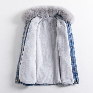 Vente en gros de vestes parka en jean longues tendance pour femme, vestes de haute qualité avec 2 poches poitrine, vestes à capuche en fourrure - Product Image 3