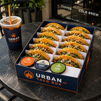 Boîtes à tacos personnalisées avec logo AT PACK |   Boîtes d'emballage jetables pour tacos, pour restaurants mexicains, traiteurs et plats à emporter