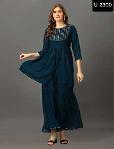 Traje étnico indio Georgette Sharara para mujer hermoso encaje Kurtis con espejo trabajo cuello patrón ropa paquistaní - Product Image 3