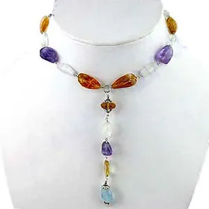 Collar Bohemia con Borlas de Cuentas Plateadas y Cuarzo Amatista para Mujer, Joyería de Moda con Colgante Colorido - Product Image 1