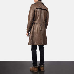 Royson <b>Men's</b> Stylish Brown Leather Duster <b>Coat</b> Hooded Overcoat Trench Blazer Pattern Heavy Fabric Knitted Warm Button Fur Print - Product Image 3