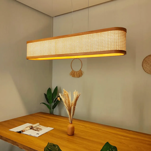 Mid-Century Modern Rectangular Wood & <b>Cane</b> Webbing Pendant Light (Long Horizontal Design) for Dining Room Illumination - Product Image 1